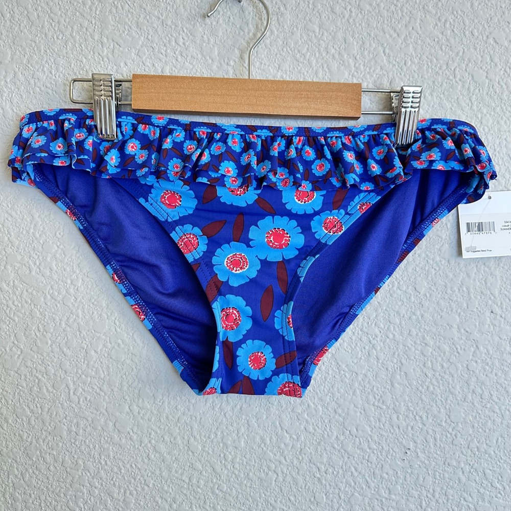 Kate Spade New York Dive Right In Ruffle Bikini Bottom Cobalt Blue Floral Small - Picture 1 of 8